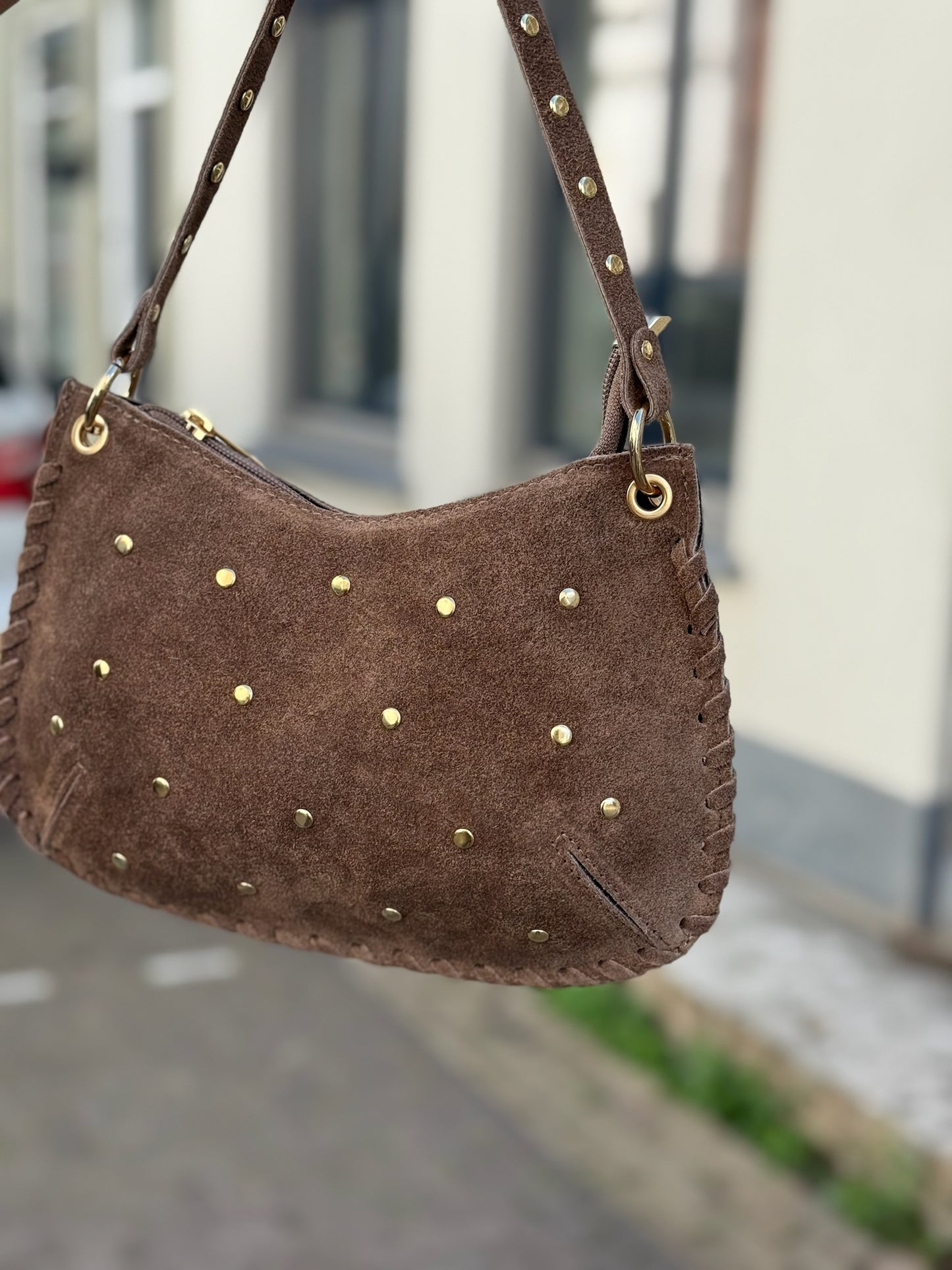 Leren suede tas Casey - taupe