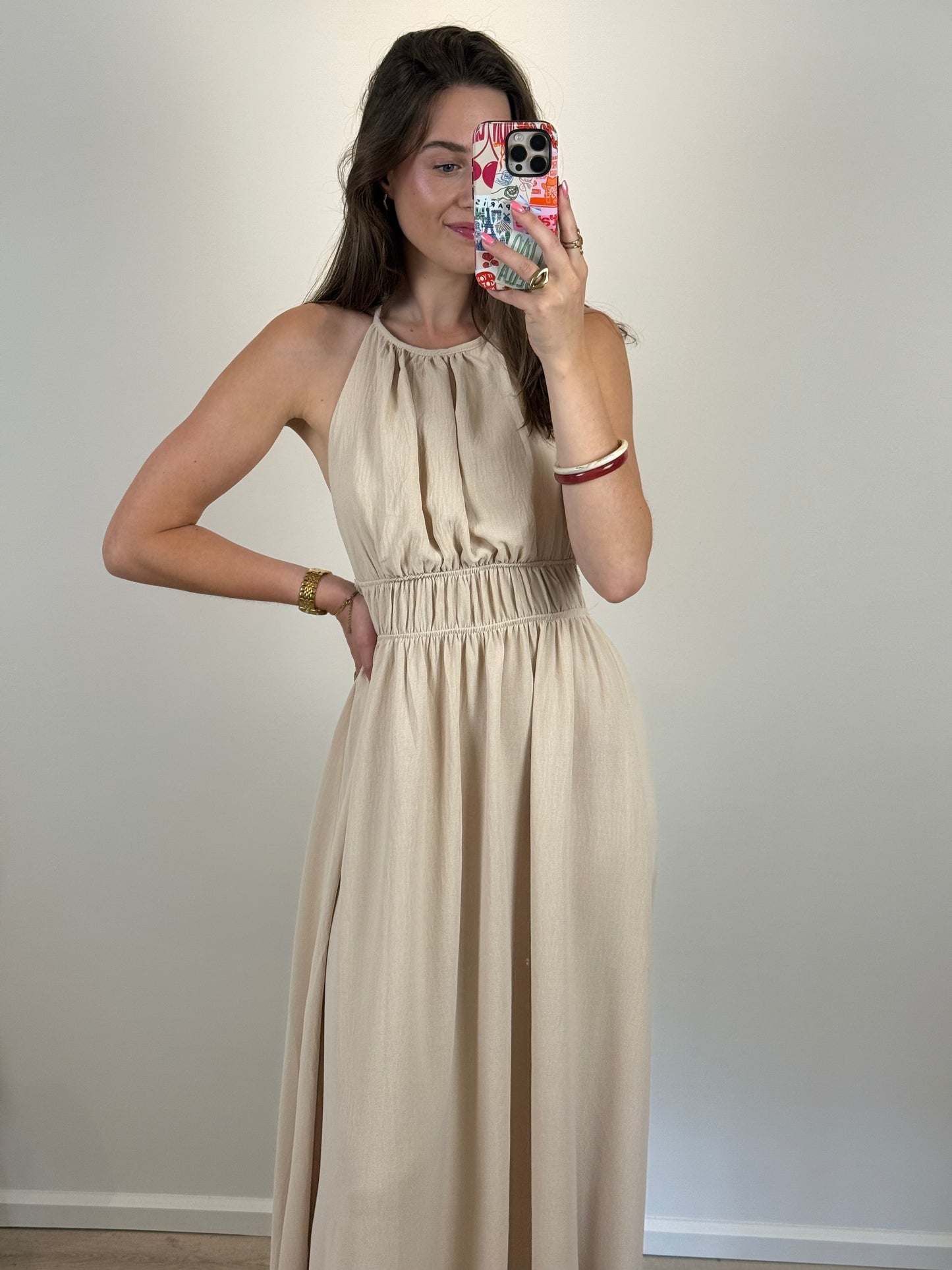 Halter jurk met open rug - beige
