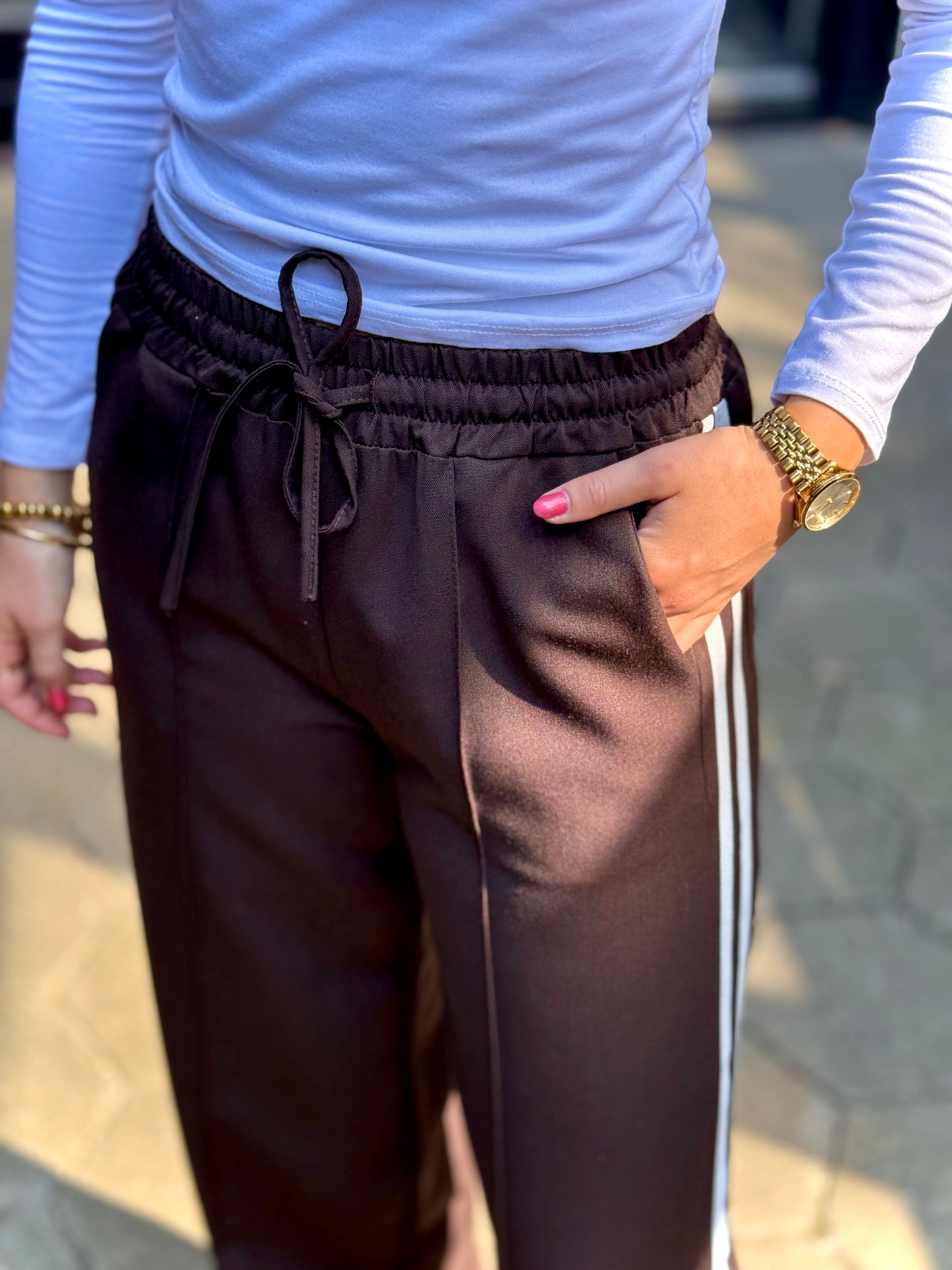 Pantalon jogger met streep - bruin