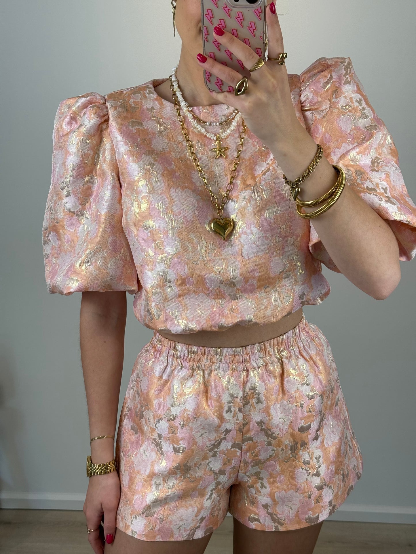 Printed top met pofmouw - koraal