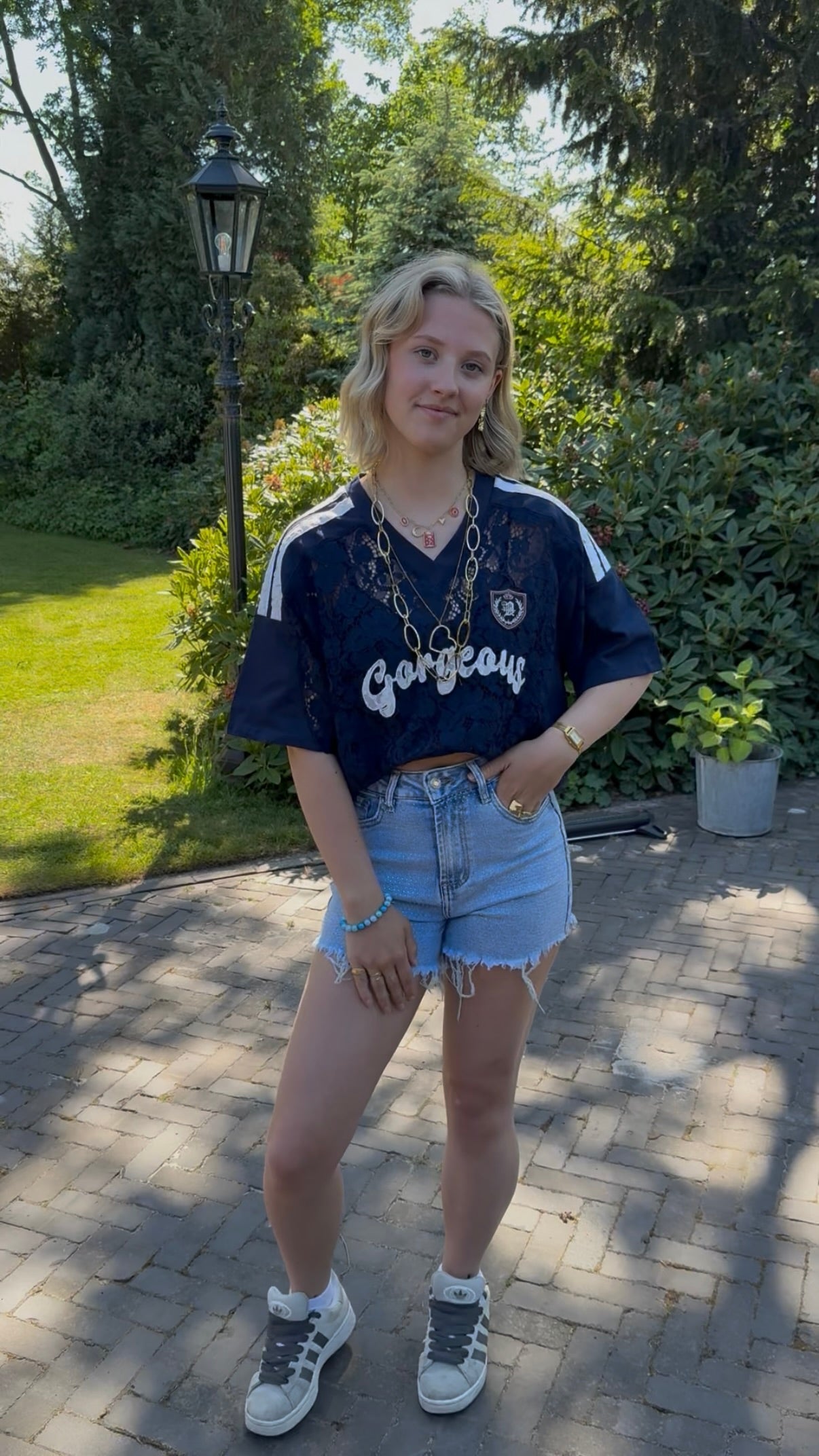 Kanten jersey shirt - donkerblauw