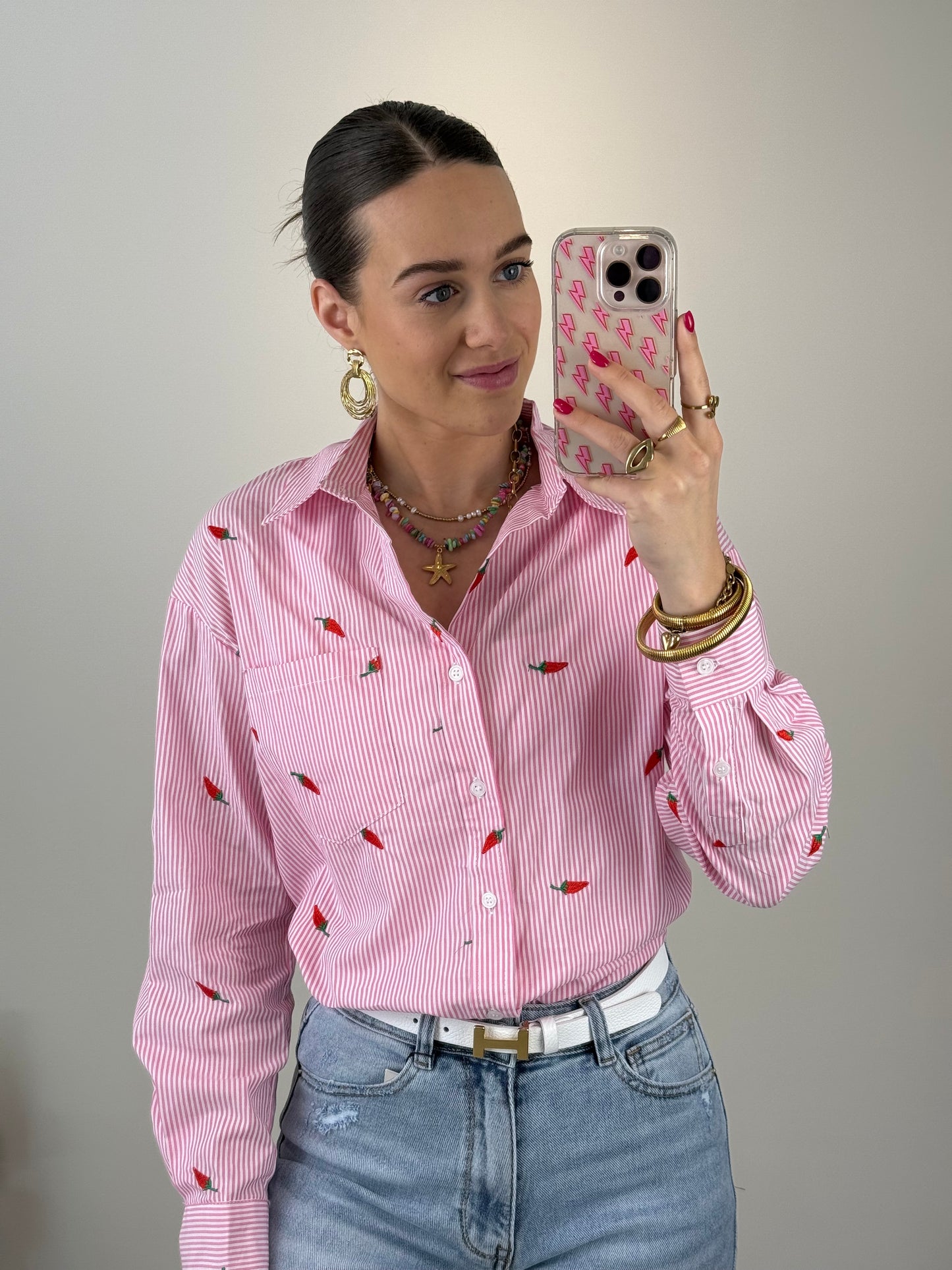 Gestreepte blouse met pepers - roze