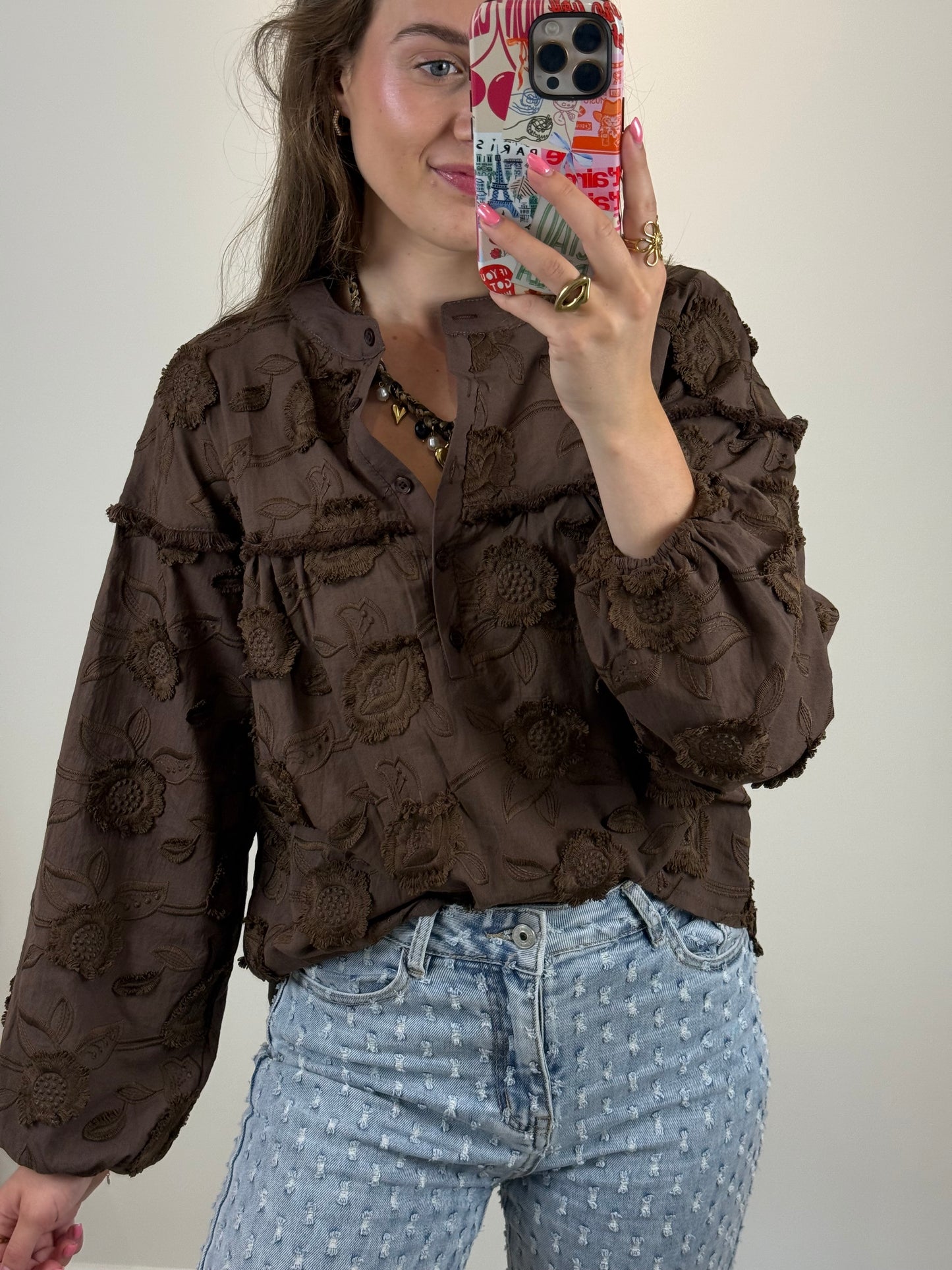 Blouse met bloemen - bruin
