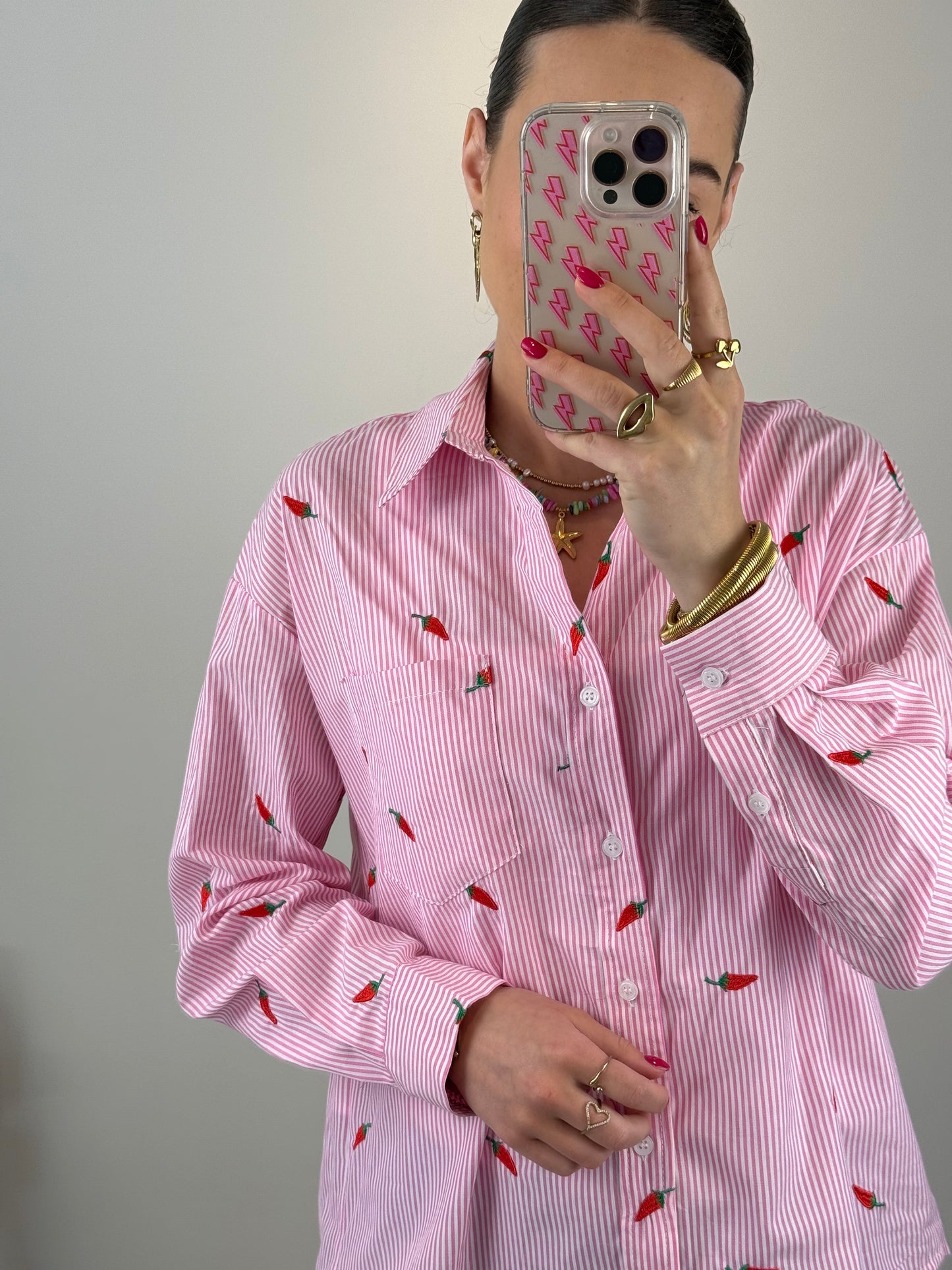 Gestreepte blouse met pepers - roze
