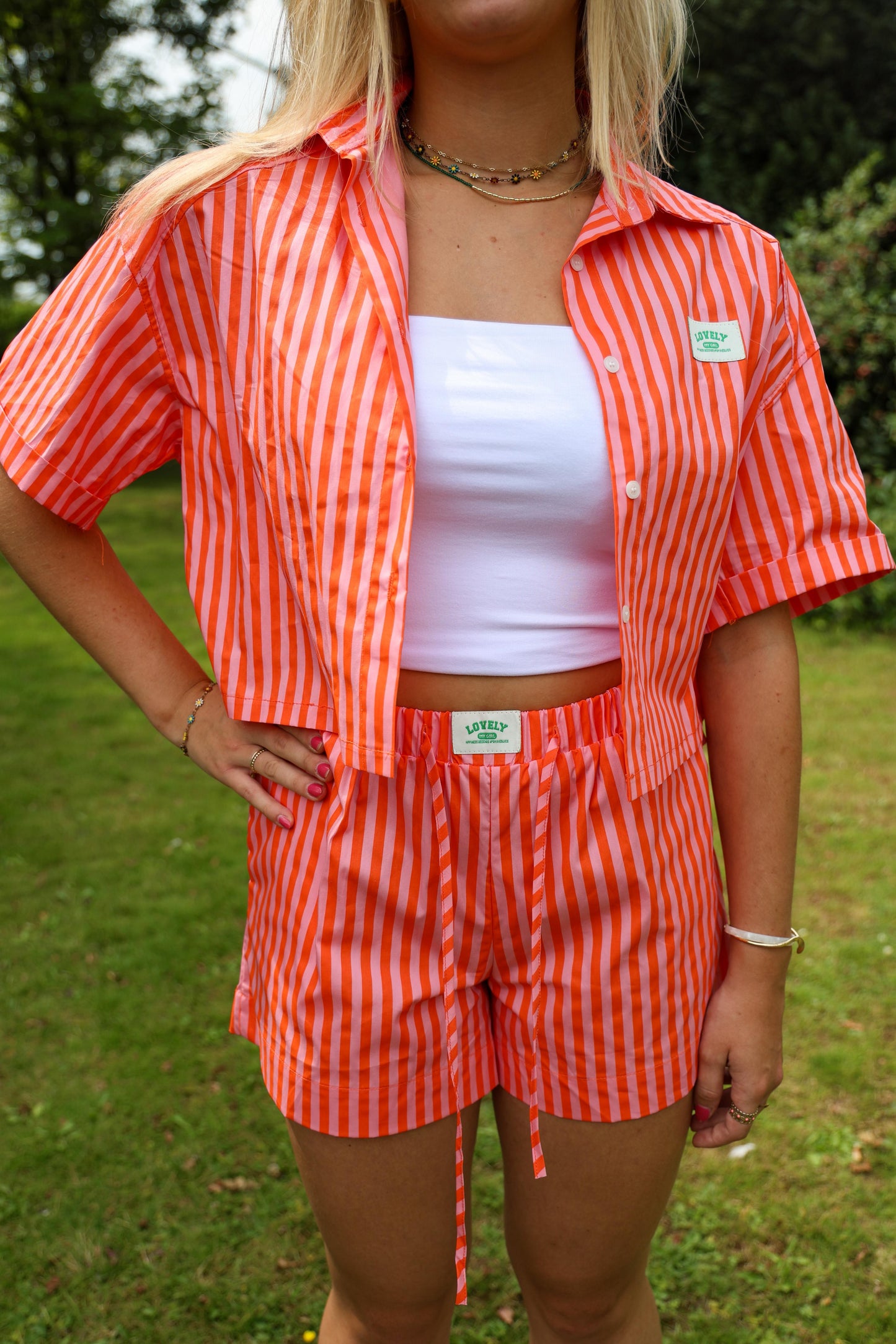 Gestreept short - oranje roze