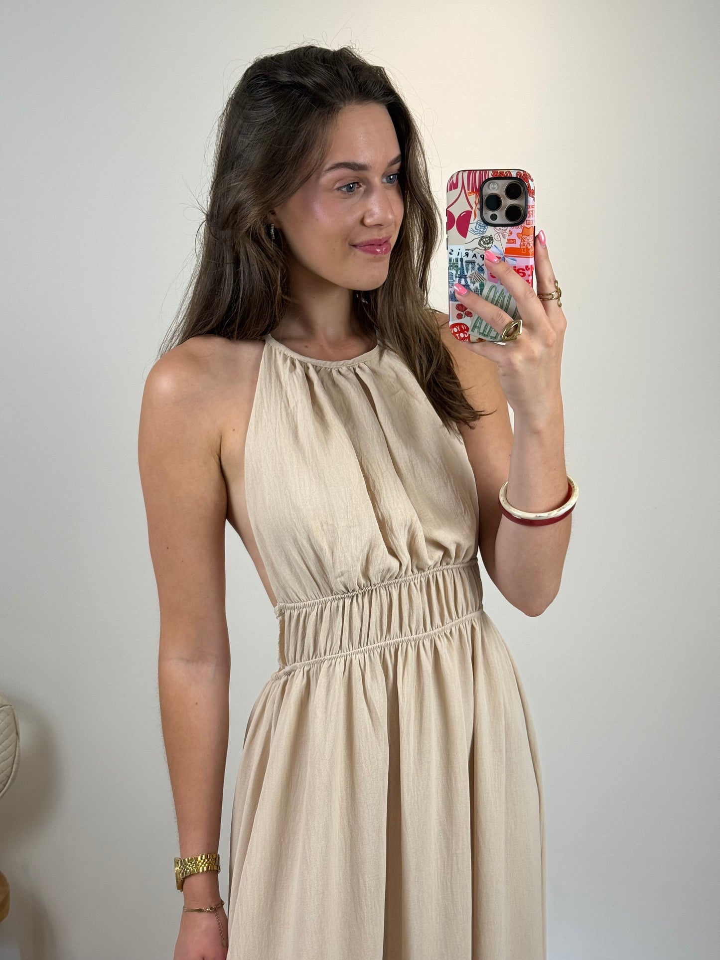 Halter jurk met open rug - beige