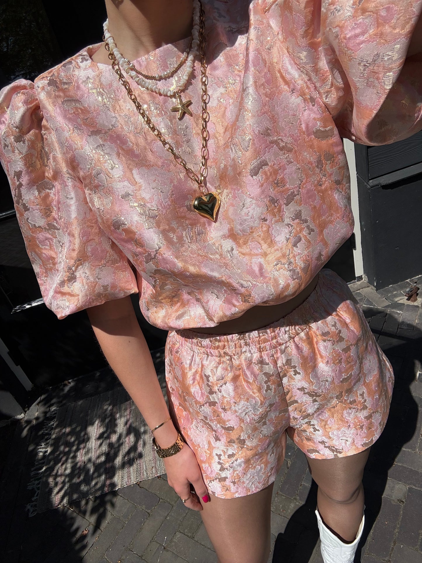 Printed top met pofmouw - koraal