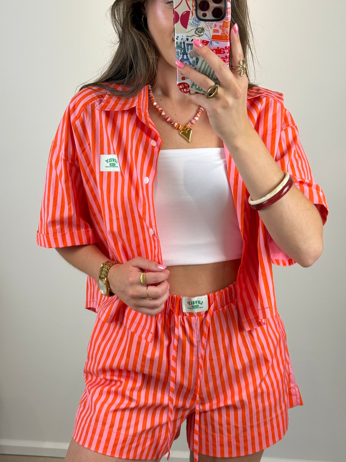 Gestreept short - oranje roze