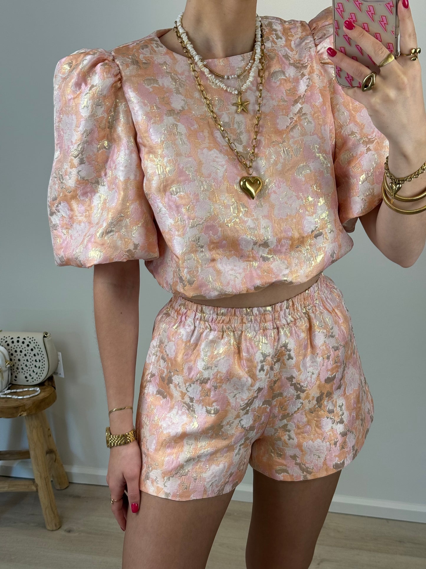 Printed top met pofmouw - koraal