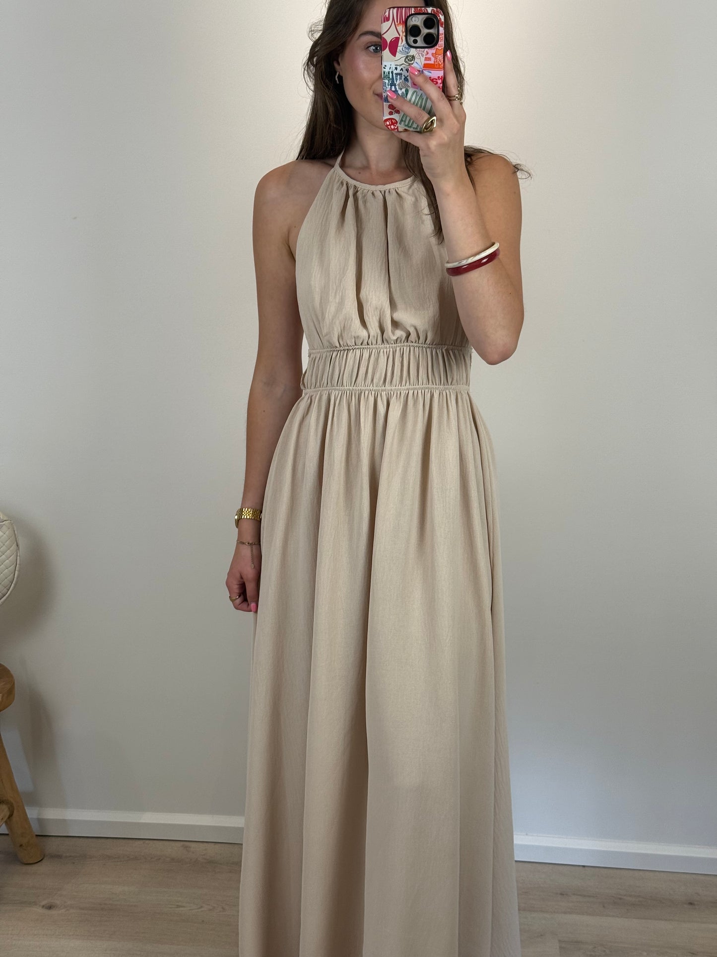 Halter jurk met open rug - beige