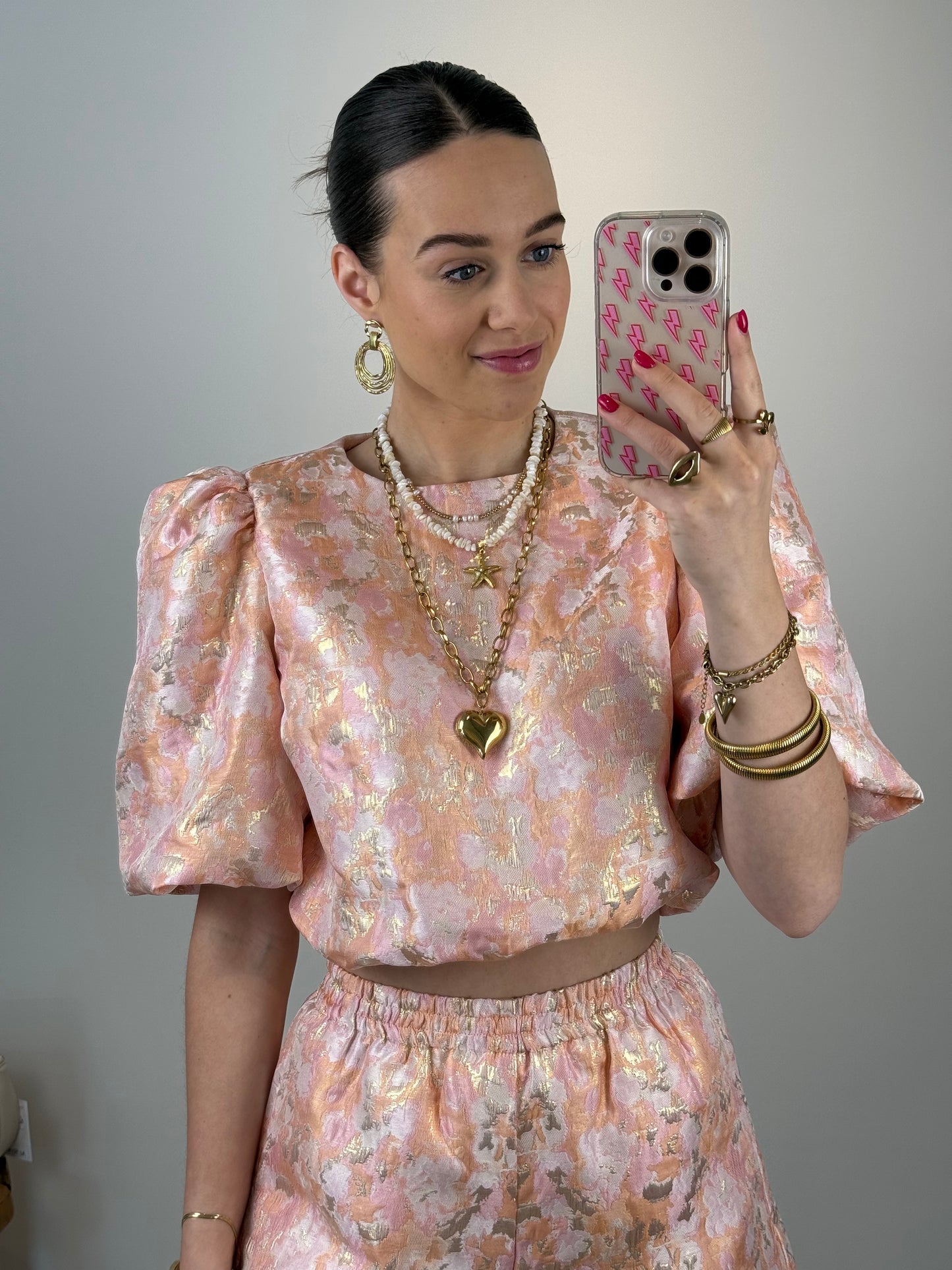 Printed top met pofmouw - koraal