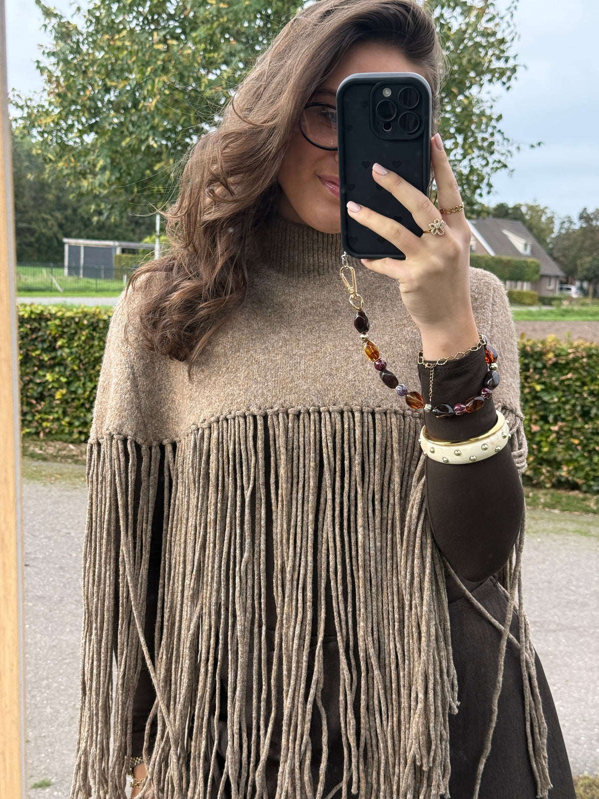 Trui cape met franjes - camel