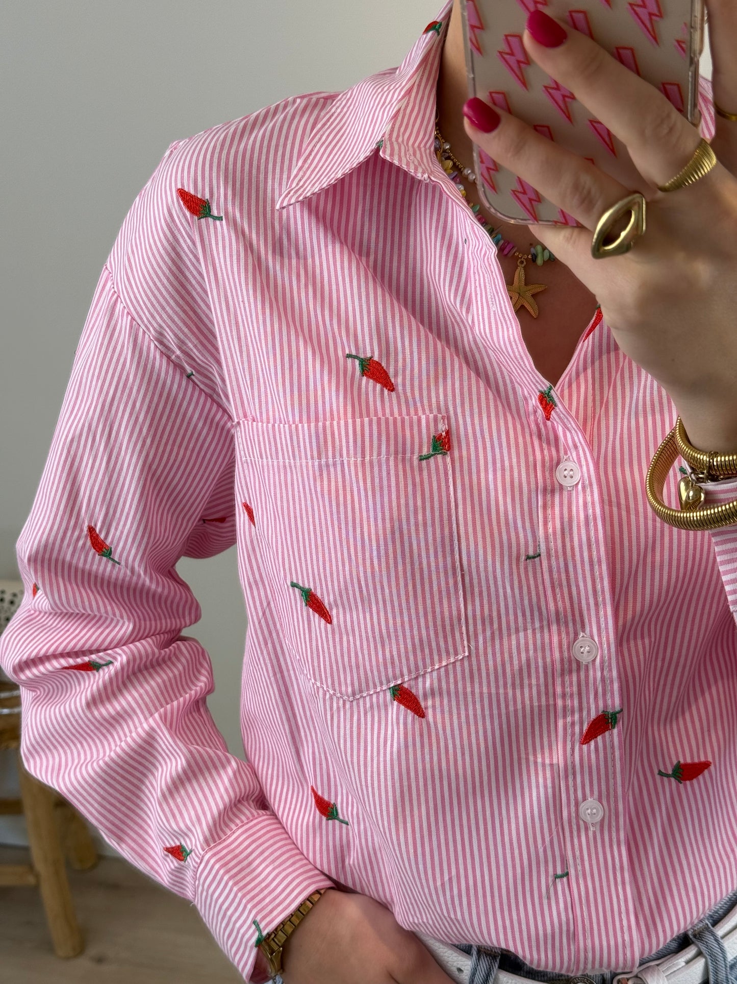Gestreepte blouse met pepers - roze