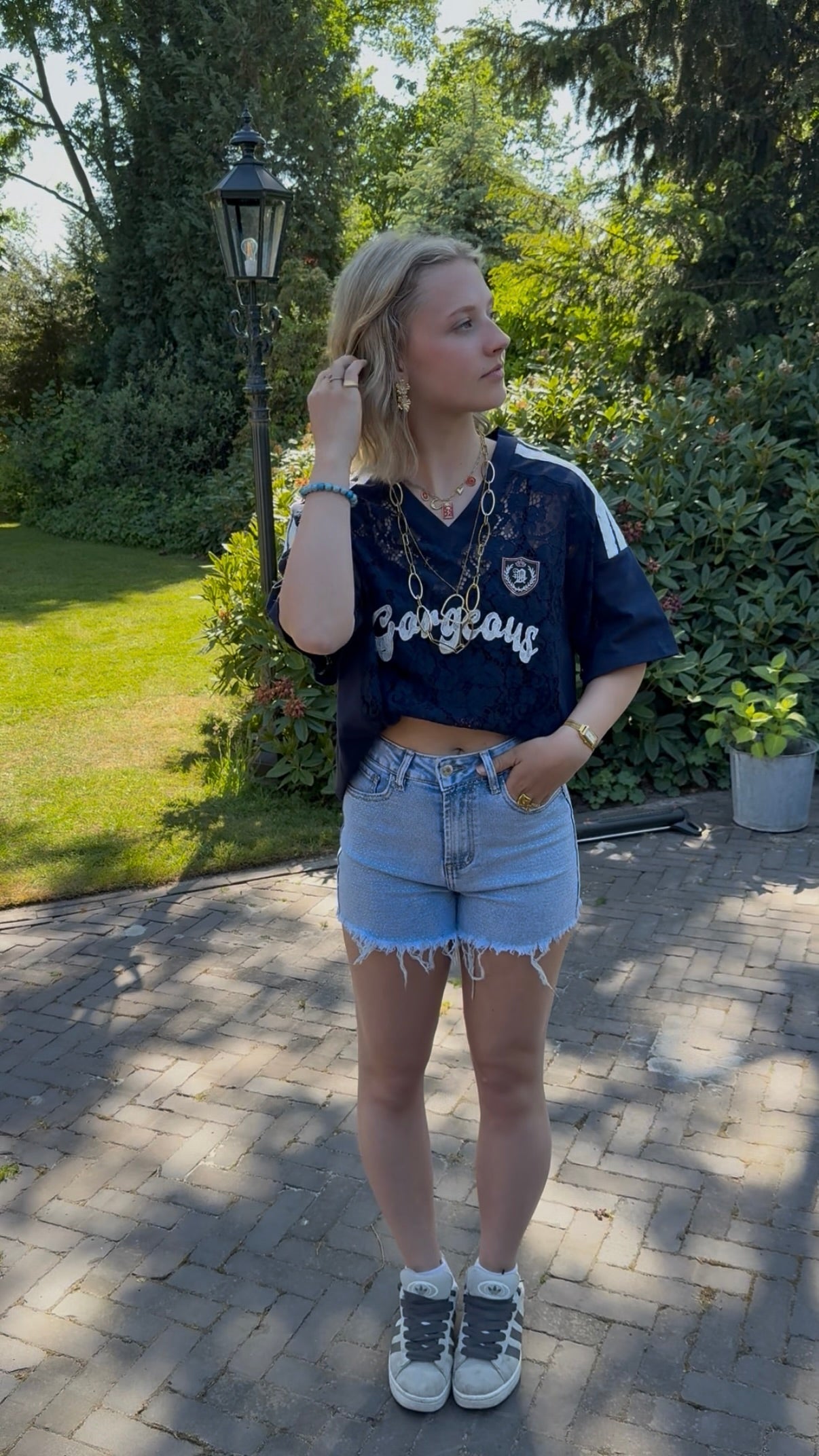 Kanten jersey shirt - donkerblauw