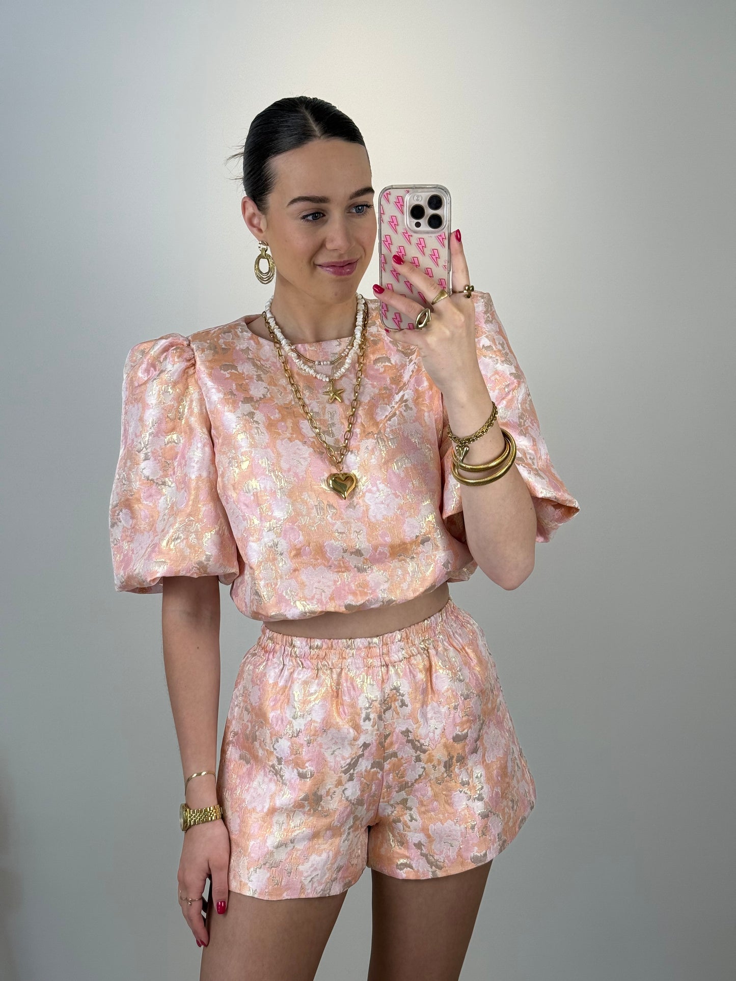 Printed top met pofmouw - koraal