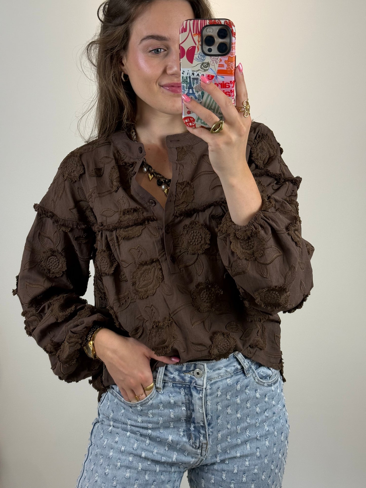 Blouse met bloemen - bruin
