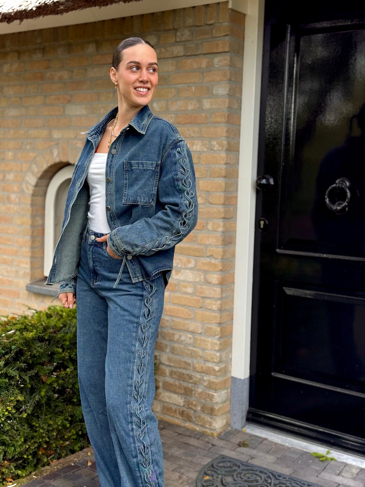 Denim blouse/jasje met veter