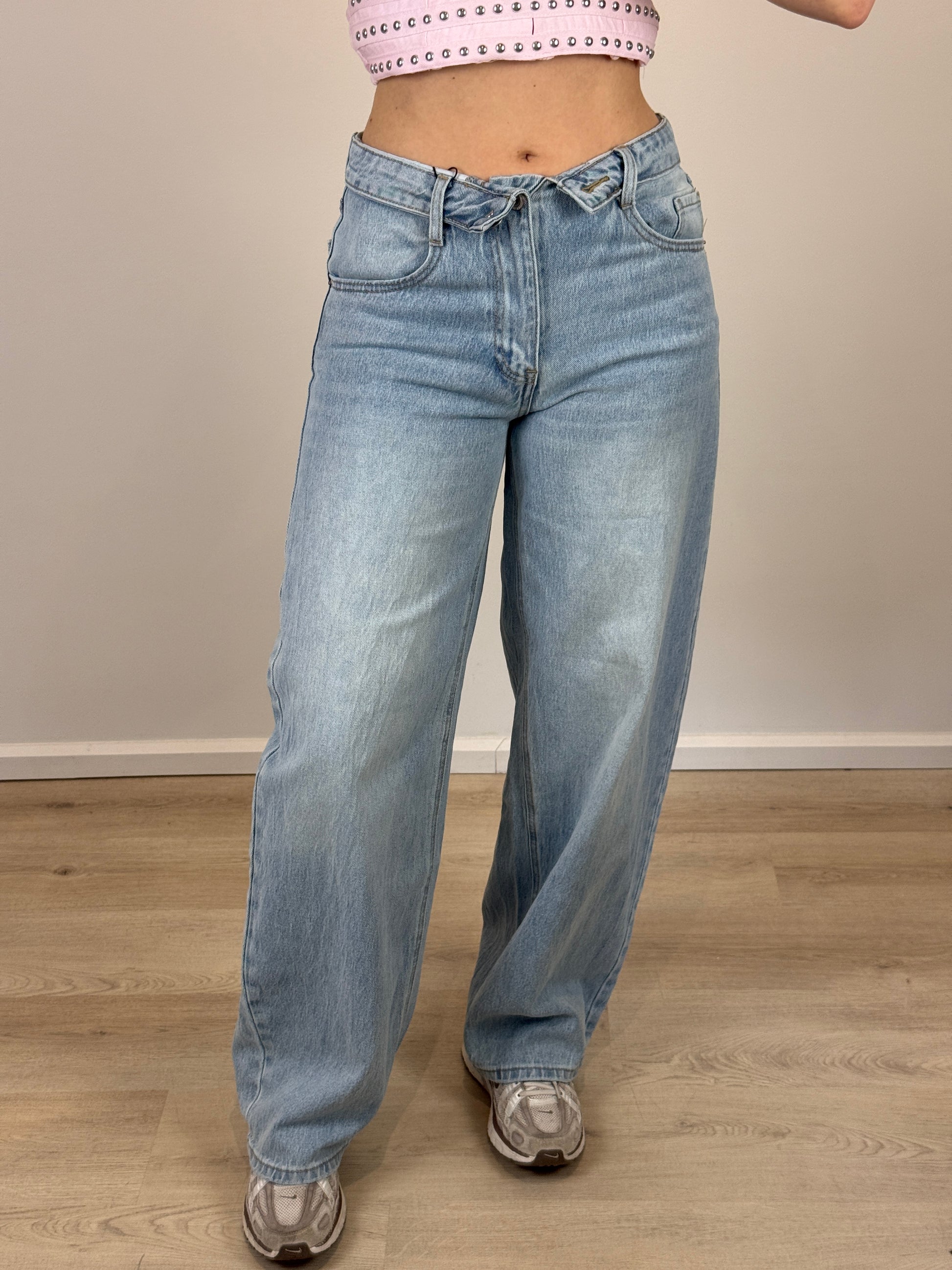 Mid waist - balloon stretch jeans met omslag - denim - At Styles
