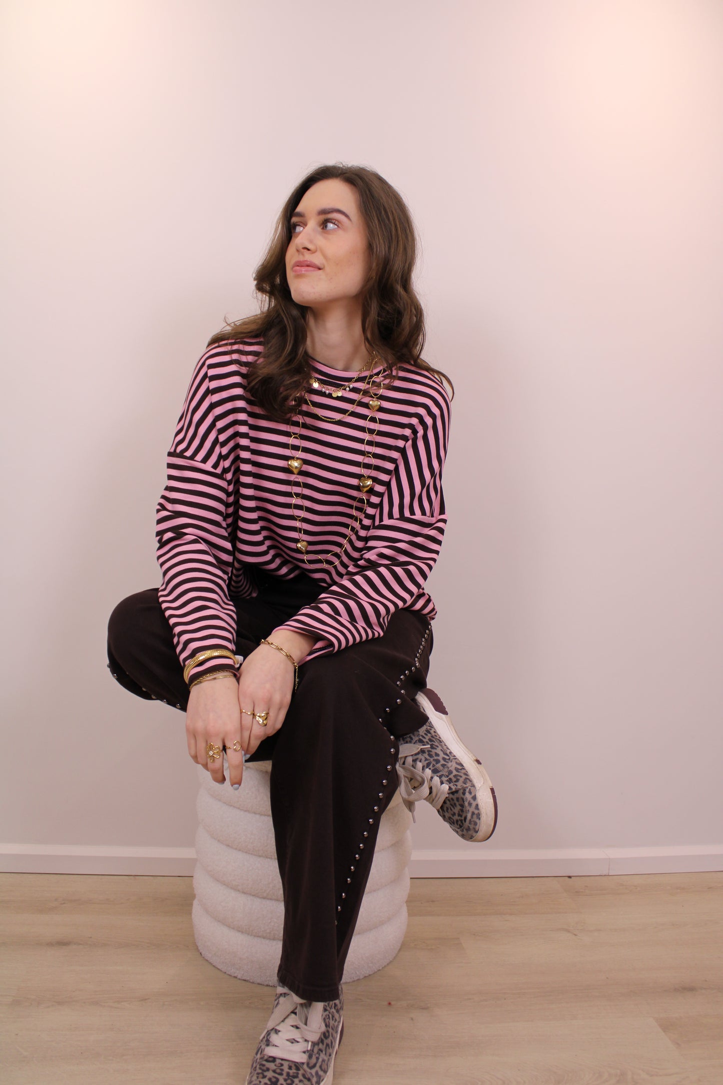 Gestreept shirt - bruin/roze