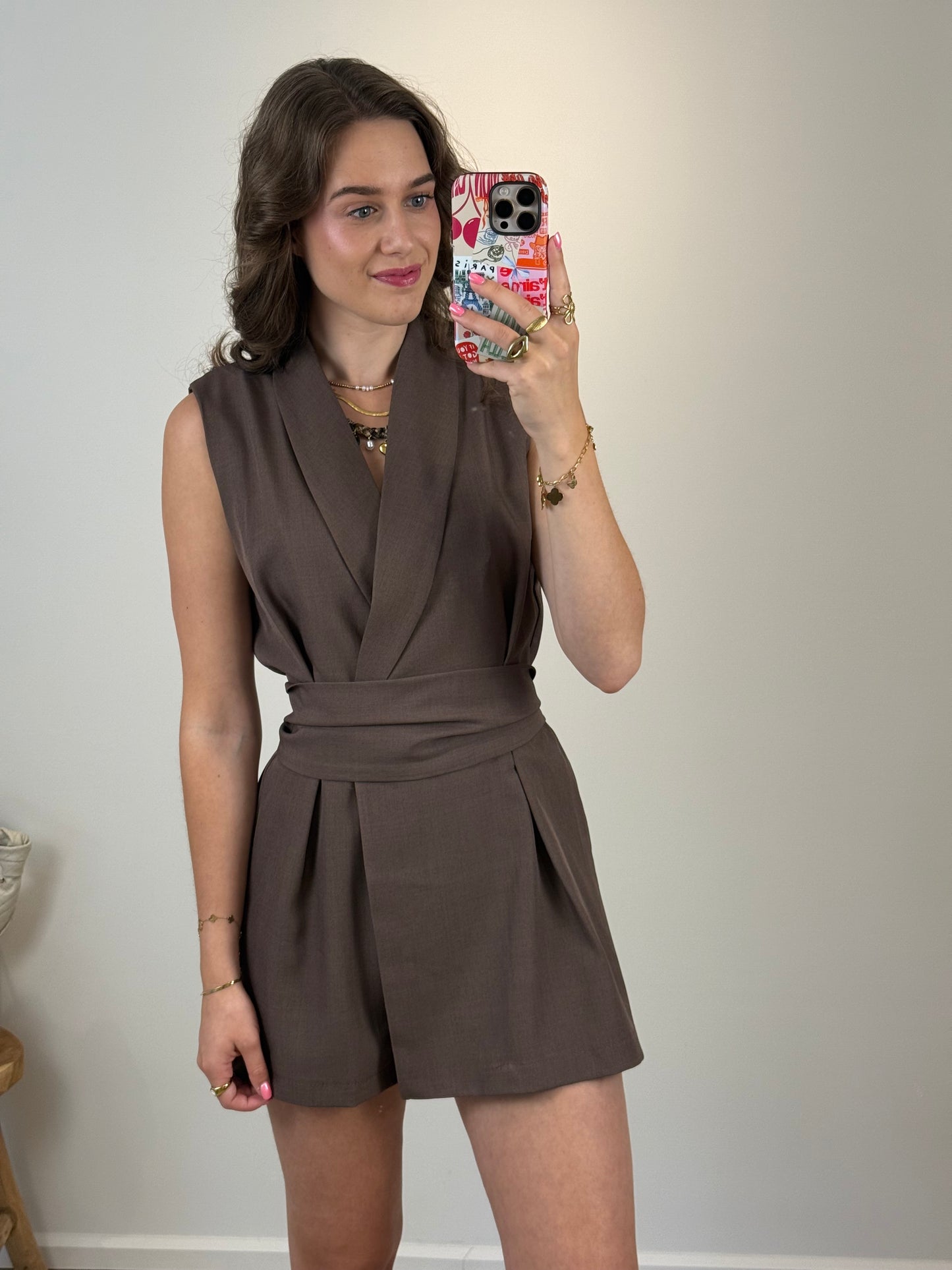 Blazer playsuit met ceintuur - bruin (17 juli in huis)