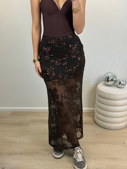 Glitter mesh rok - bruin