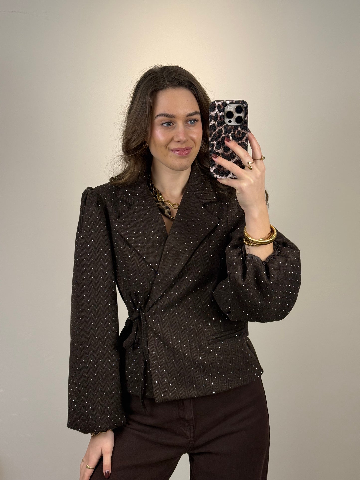 Strik blazer met strass steentjes - bruin