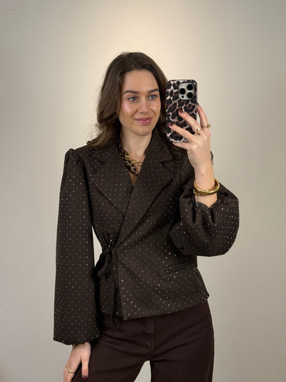 Strik blazer met strass steentjes - bruin