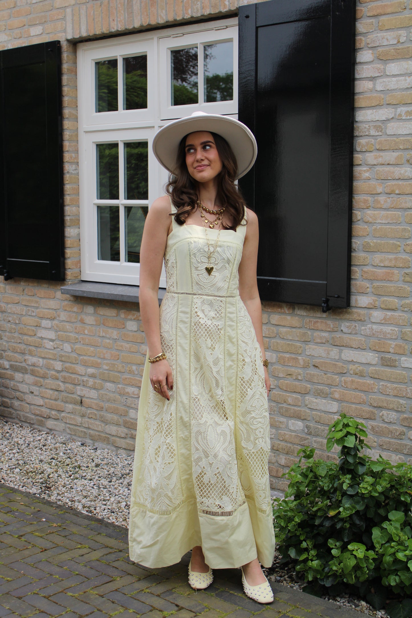 Kanten lange jurk - geel - At Styles