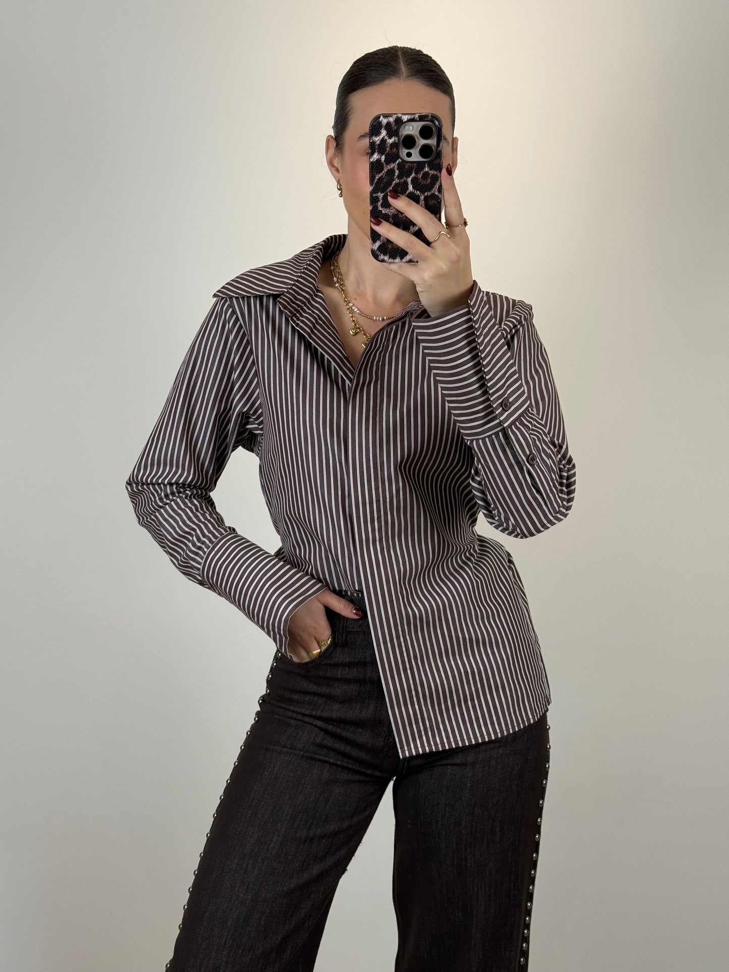 Gestreepte blouse met strik - bruin