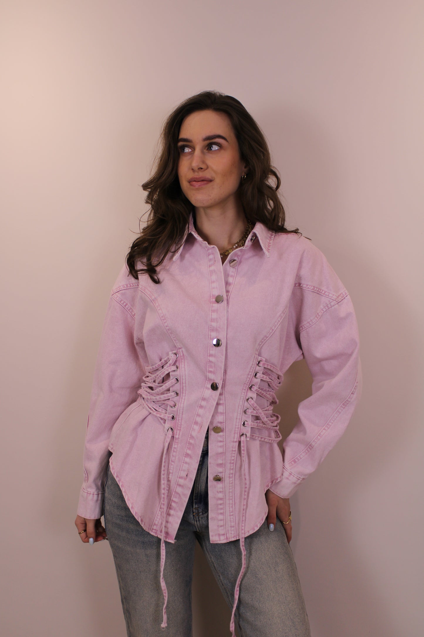 PRE-ORDER Getailleerde denim blouse - roze (wordt 18 feb verzonden)