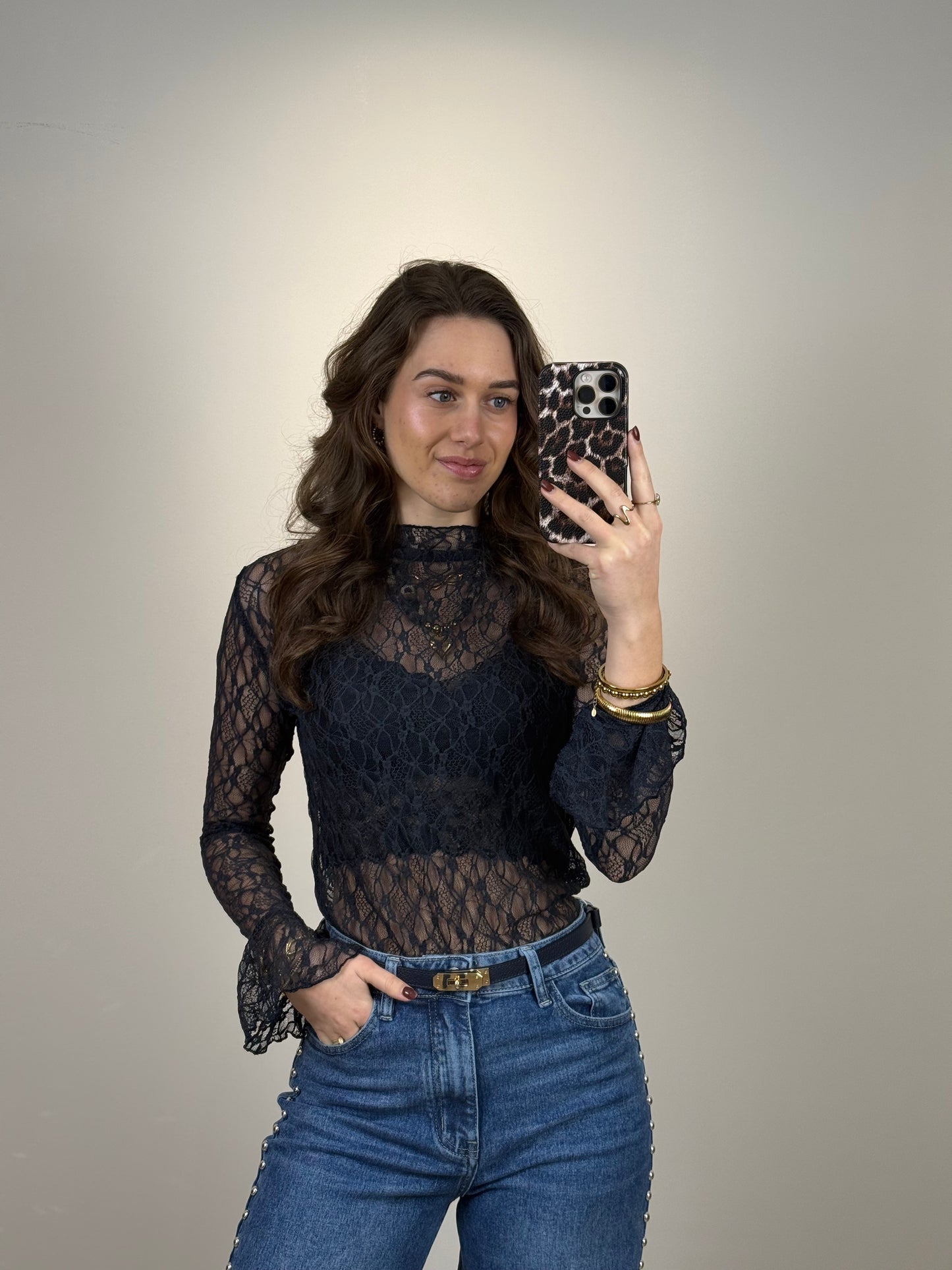 Kanten top met mouwtje - blauw