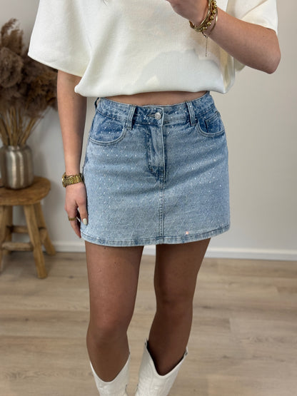Stretch broekrokje met strass - denim