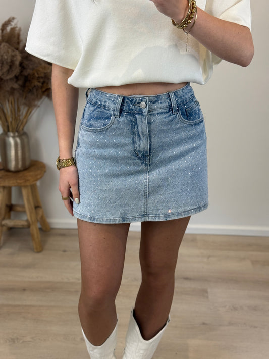 Stretch broekrokje met strass - denim