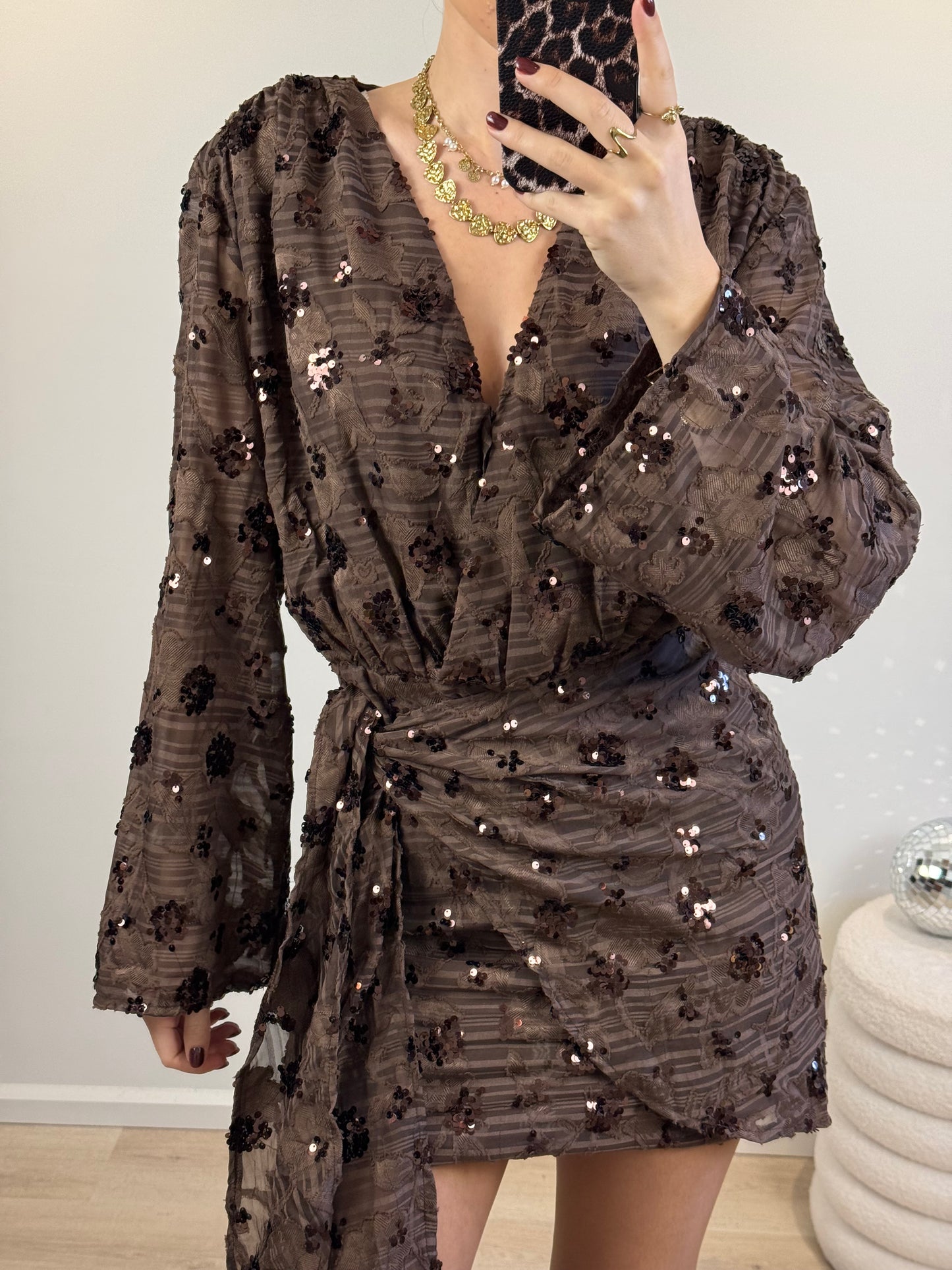 Glitter overslag jurkje - bruin