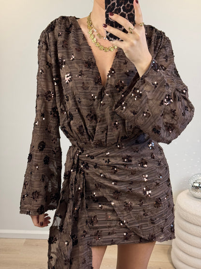 Glitter overslag jurkje - bruin