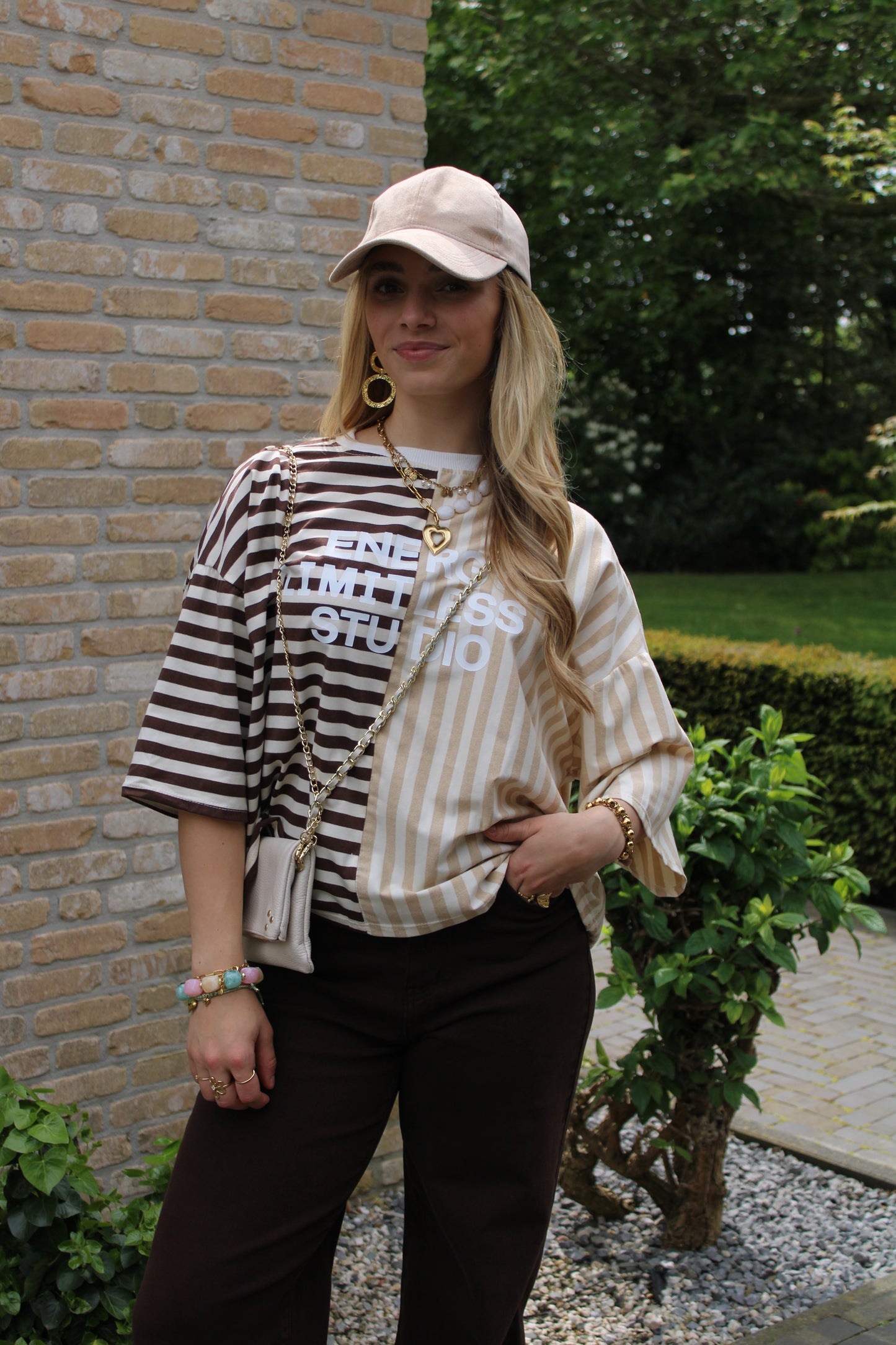 Gestreept studio shirt - beige