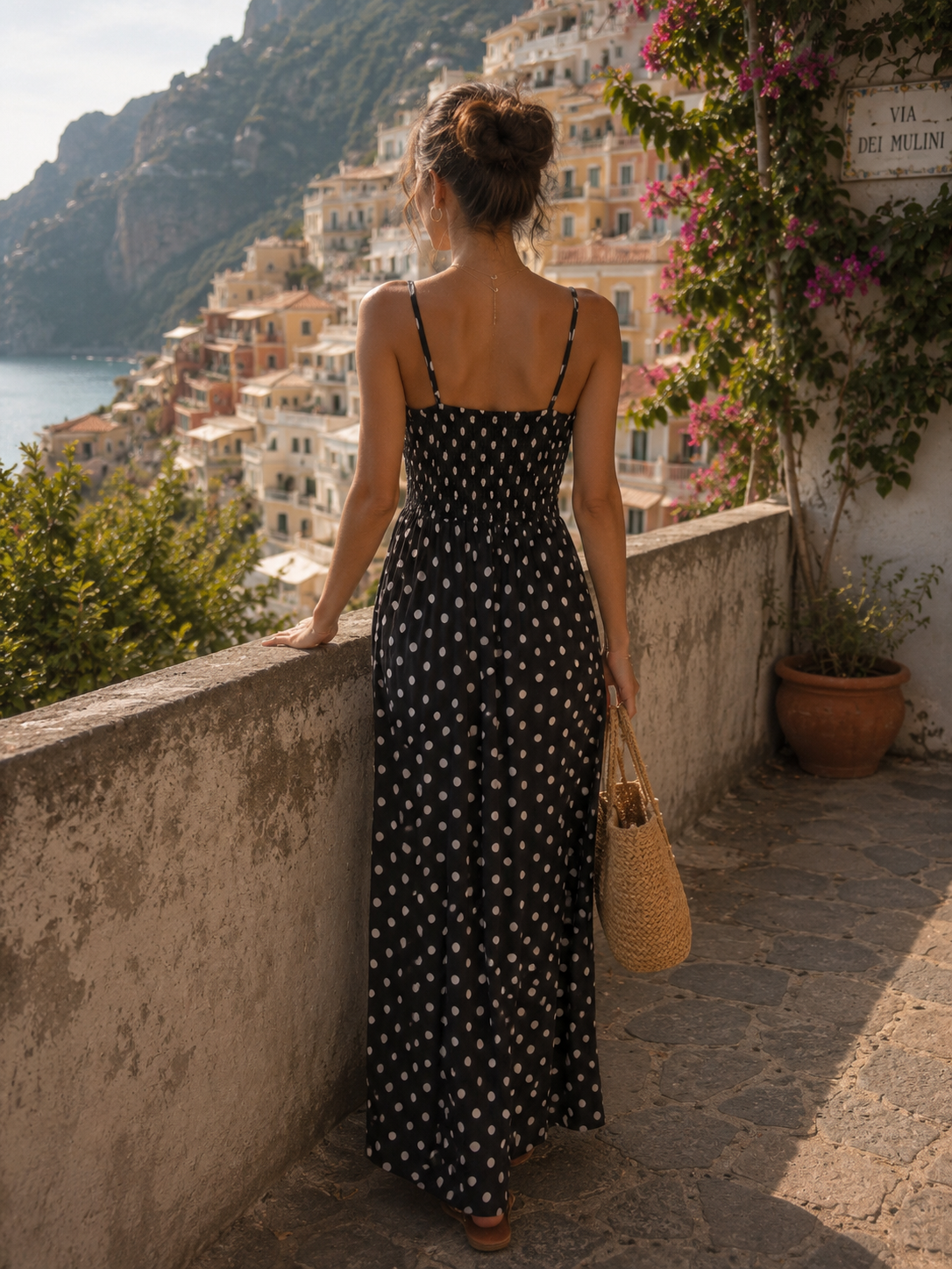 Lange polkadot jurk - zwart