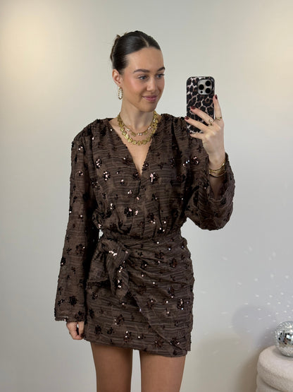 Glitter overslag jurkje - bruin