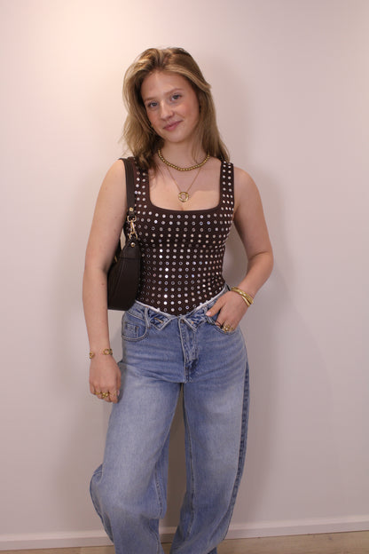 Body met spiegel studs - bruin