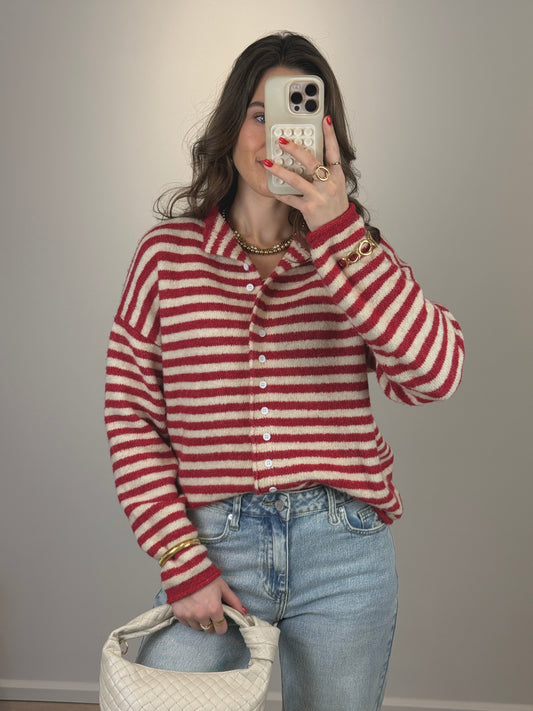 Gestreepte trui/vest met knoopjes - rood/creme