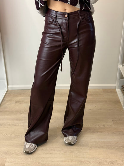 Mid waist - straight leg leren broek - bordeaux