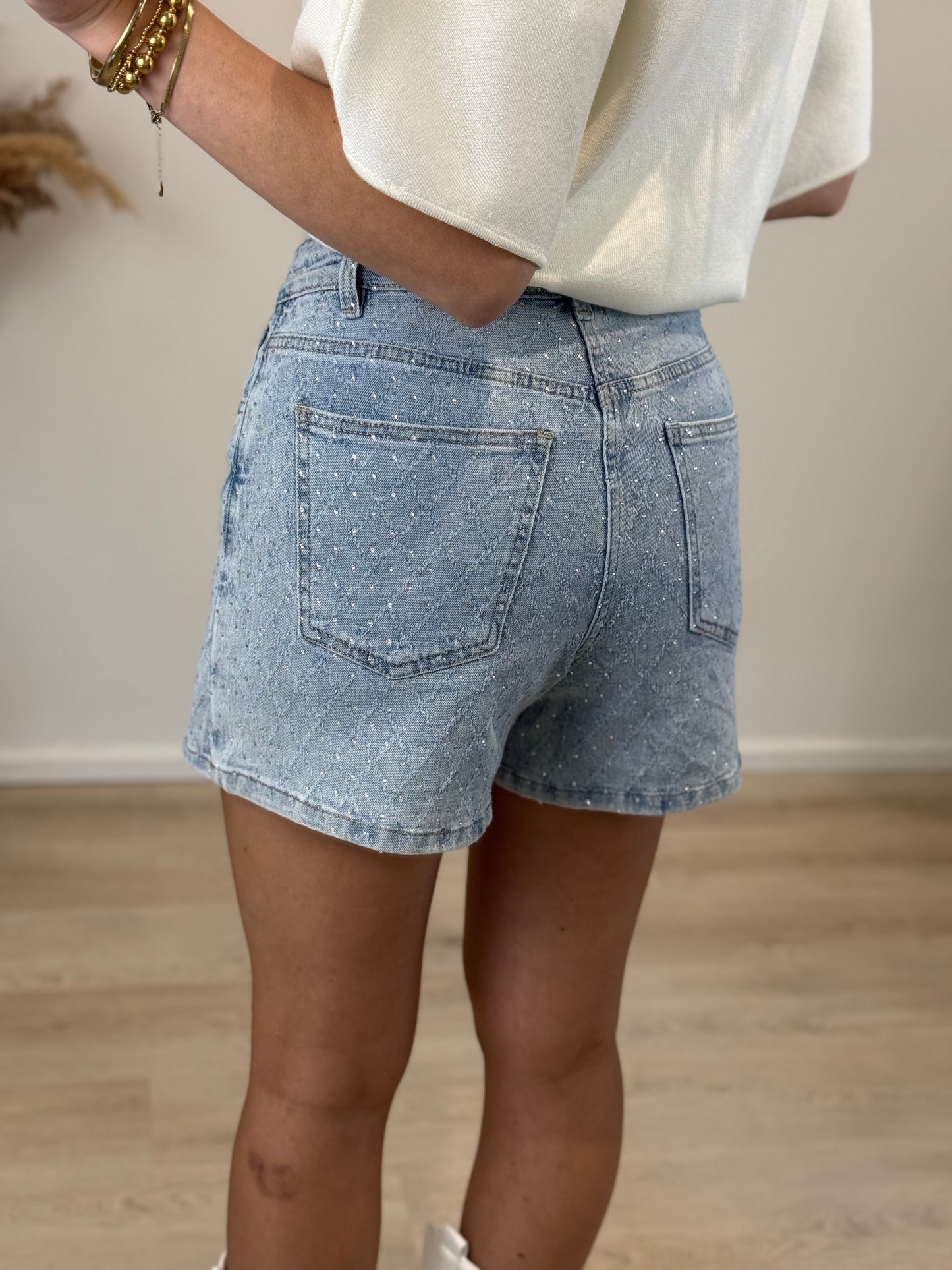 Stretch broekrokje met strass - denim