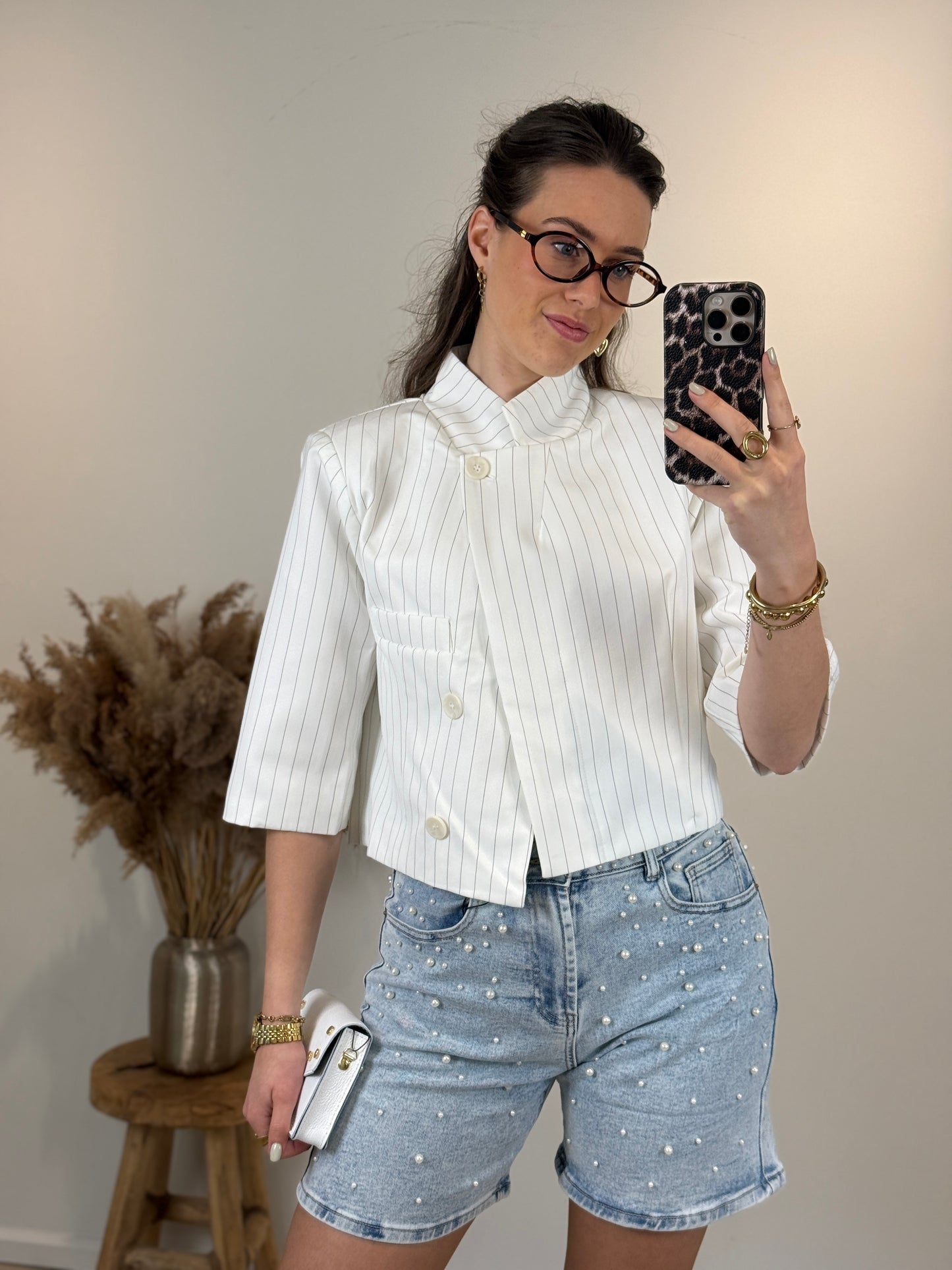 Front split blazer - wit met krijtstreep