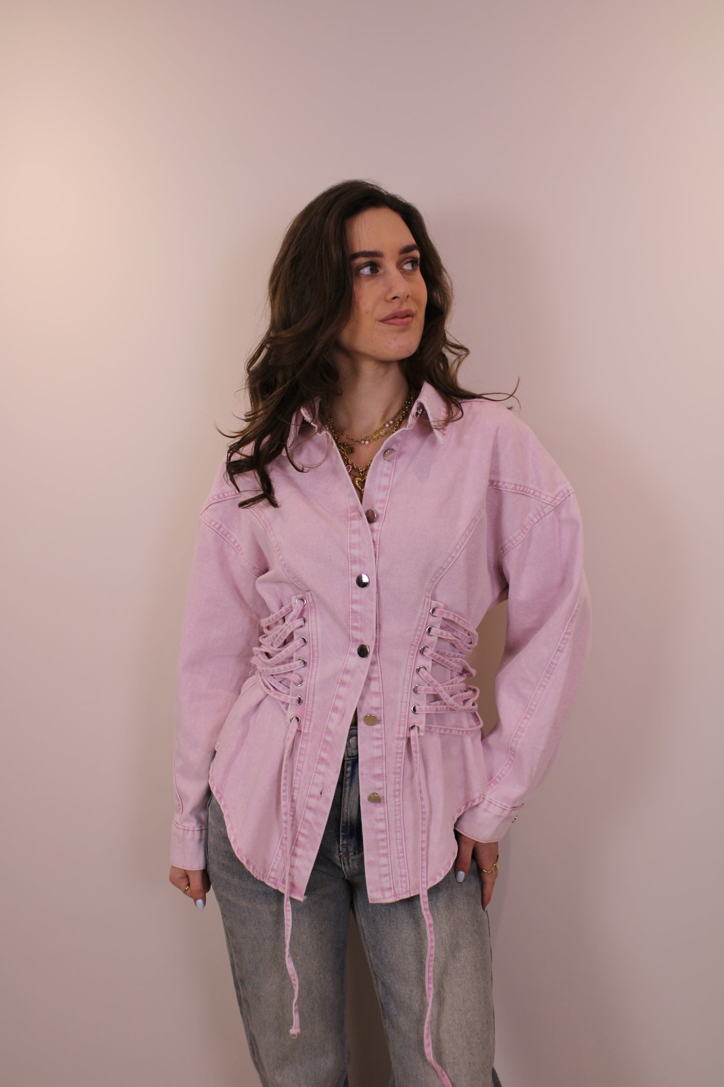 PRE-ORDER Getailleerde denim blouse - roze (wordt 18 feb verzonden)