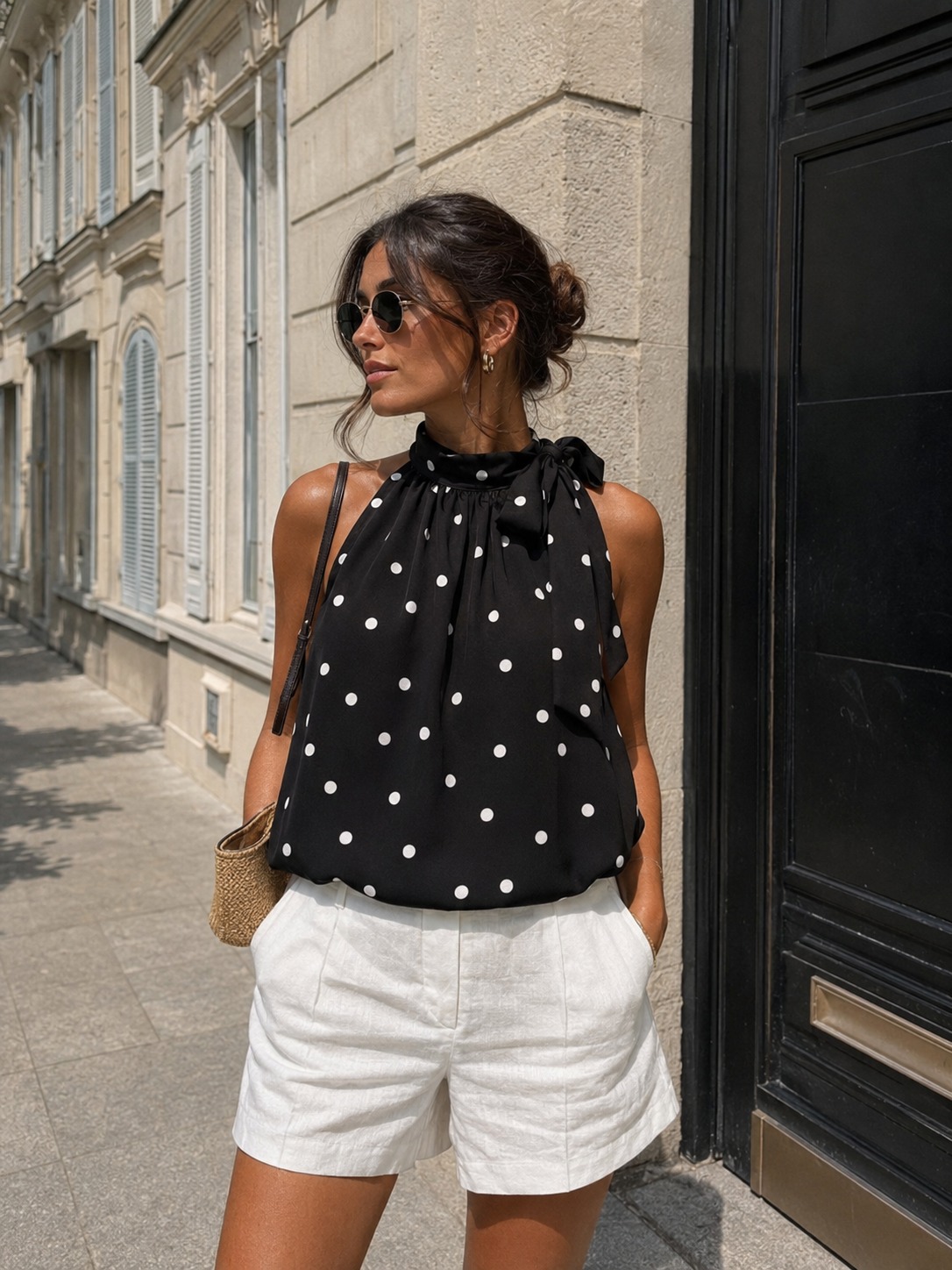 Strik polkadot satijnen top - zwart
