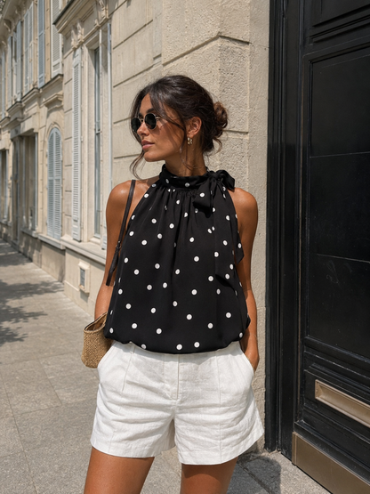 Strik polkadot satijnen top - zwart