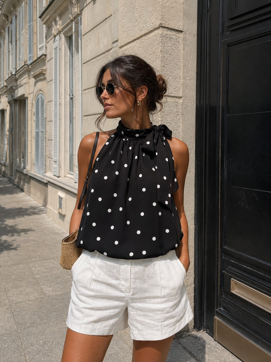Strik polkadot satijnen top - zwart