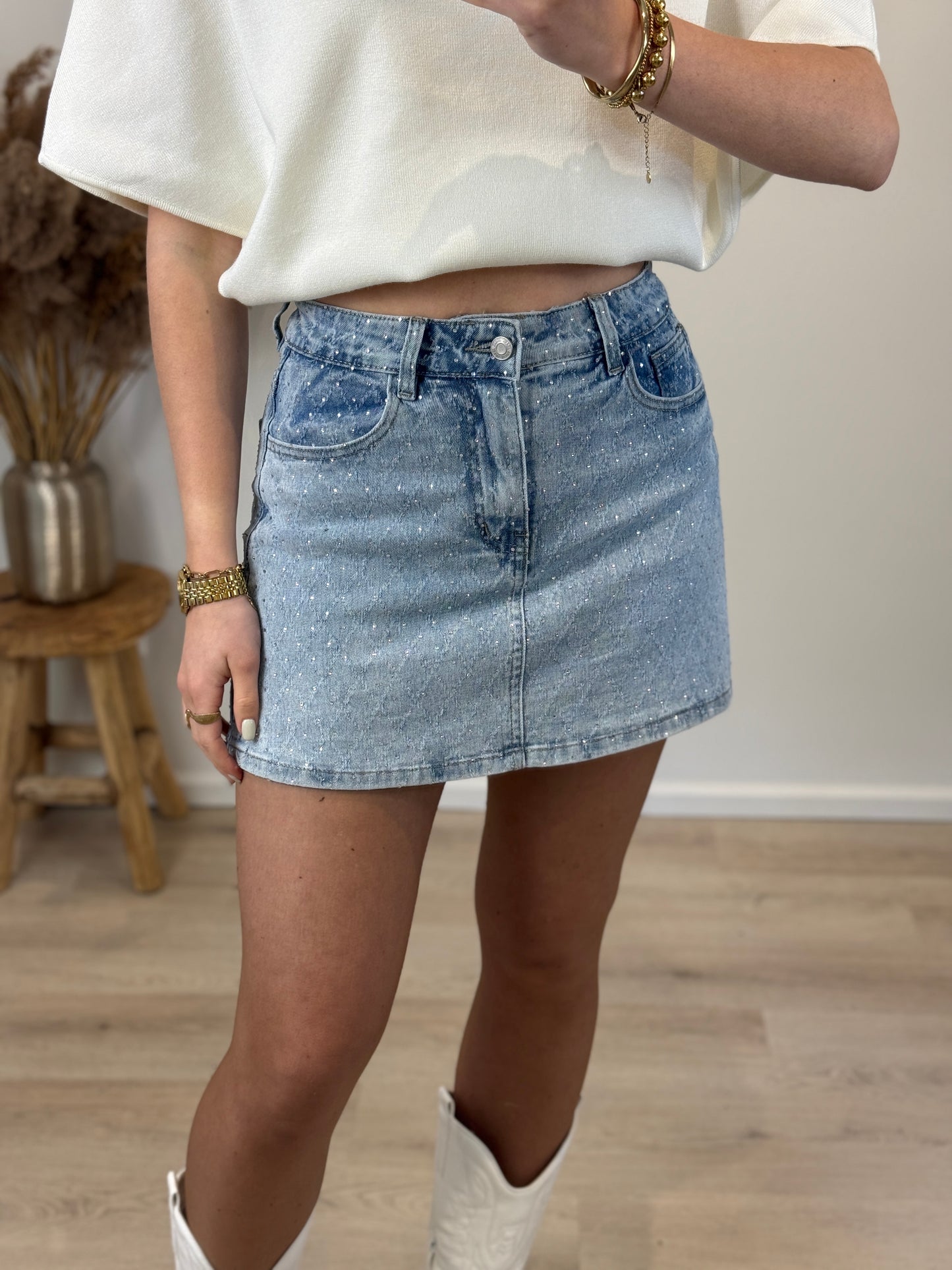 Stretch broekrokje met strass - denim