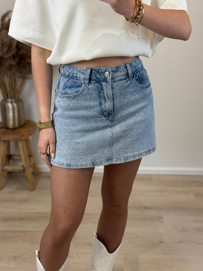 Stretch broekrokje met strass - denim