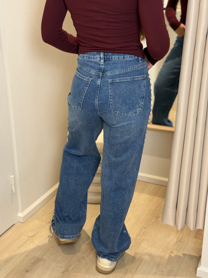 High waist - wide leg jeans met studs - denim - At Styles